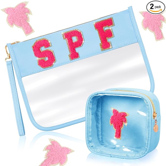Hillban 2 Pcs Clear SPF Makeup Bag Chenille Letter Patch Sunscreen Bag Preppy Pouch Clear Cosmetic Toiletry Zipper Pouch Summer Beach Pool Sunscreen Purse
