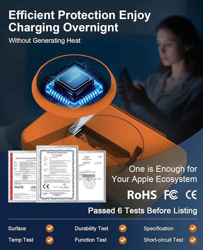 3 in 1 Magnetic Wireless Charger for Apple Multiple Devices, Foldable Fast Charging Station - Magsafe Charger Stand, Travel Charger Pad for iPhone 17 16 15 14 13 12 Series/Apple Watch/AirPods Orange