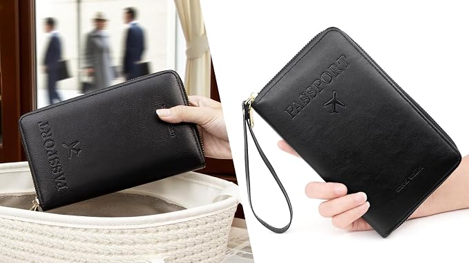 defway Passport Holder Travel Wallet - RFID Blocking Passport Holder Card Slots, PU Leather Travel Wallet Cover, Organizer for Documents Travel Essentials (Black)