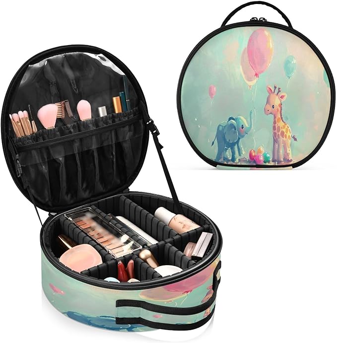 senya Round Cosmetic Pouch Travel Makeup Train Case Elephant Giraffe Makeup Organizer Bag with Adjustable Dividers Portable for Cosmetics Makeup Brushes Toiletry Jewelry Accessories