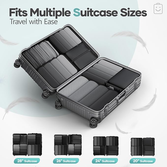 Veken 8 Set Compression Packing Cubes for Travel Essentials,Compressible Expandable Large Luggage Suitcase Organizer Bags for Clothing,Durable Space Saver Storage Bags with Makeup Bag(Black)
