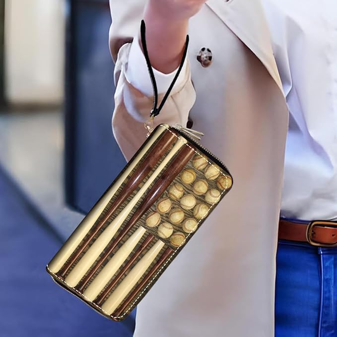 Women's Large Capacity Wallet PU Leather Double Zipper Clutch Purse Multifunctional Wallet with Removable Wristlet Strap for Smart Phone/Coin/Card/Cash, Baseball Combination American Flag