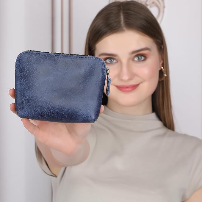 Full Grain Leather Cosmetic Bag – Zippered Makeup Pouch for Women, Small Travel Toiletry & Organizer Pouch for Purse, Premium Handmade Leather (5 × 4 × 2.5 in)