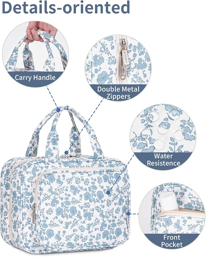 Narwey Travel Toiletry Bag for Women Large Hanging Makeup Bag Organizer Toiletries Bag for Full Size Essentials Accessories Cosmetics (Blue Flower (Large))