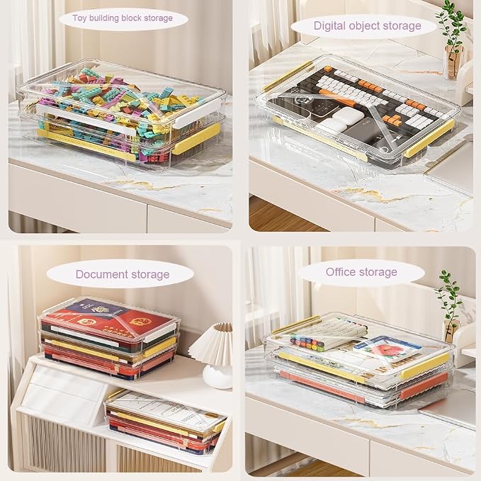 2 Pack Clear Plastic File Boxes w/Latching Lids, Stackable A4 Storage (‎White Latches, Large)