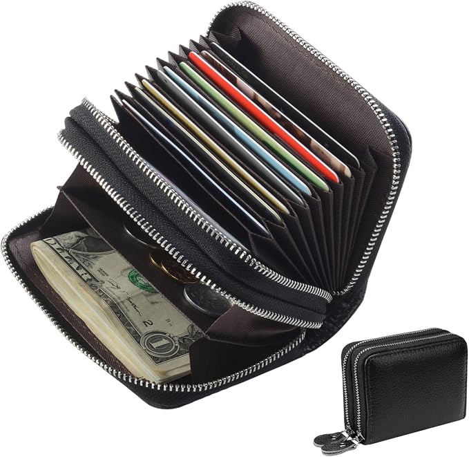traderplus Women's RFID Blocking Leather Zipper Card Wallet Small Purse Credit Card Case Holder for Mother Day Gift (Black)