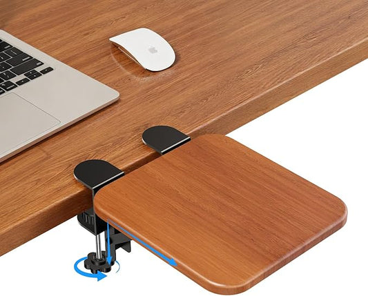 Ergonomic Desk Extender Tray, 8.2"x7.6" Table Mount Arm Wrist Rest Shelf, 90° Foldable Elbow Support, Sturdy Mouse Arm Support,Clamp on Computer Arm Rest for Desk, Office & Home Use,Wood