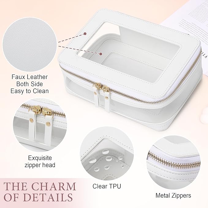 Pinkmik Clear Makeup Bag with Brush Case Travel Toiletry Bag Waterproof Cosmetic Organizer Car Essentials for Women (White,M+SLIM-1)
