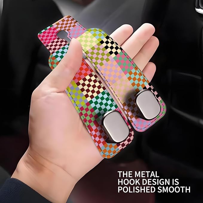 Car Seat Headrest Hook, Universal Leather Cute Hanger Holder Hook, Storage Organizer Interior Accessories for Purse Bags Handbag Colorful Cute Plaid