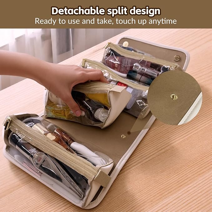 YDR 4-in-1 Travel Makeup Bag with Detachable Pouches, Large Hanging Toiletry Organizer for Women, Waterproof PU Leather Cosmetic Bag for Brushes, Toiletries & Skincare, Portable Roll Up Case