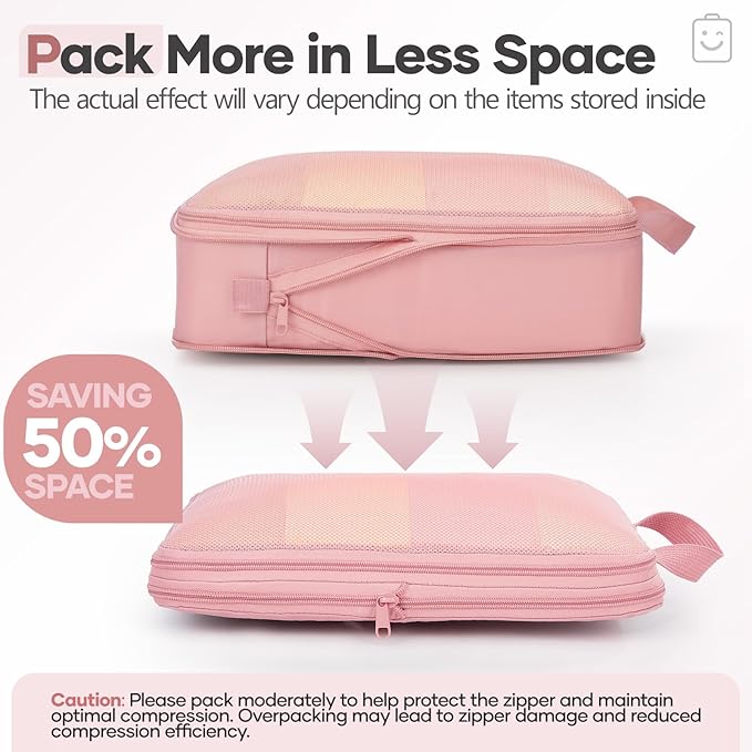 Veken 11-Pack Compression Packing Cubes for Travel Essentials,Compressible Expandable Large Luggage Suitcase Organizer Bags for Clothing,Durable Space Saver Bags with Toiletry Bags(Pink)