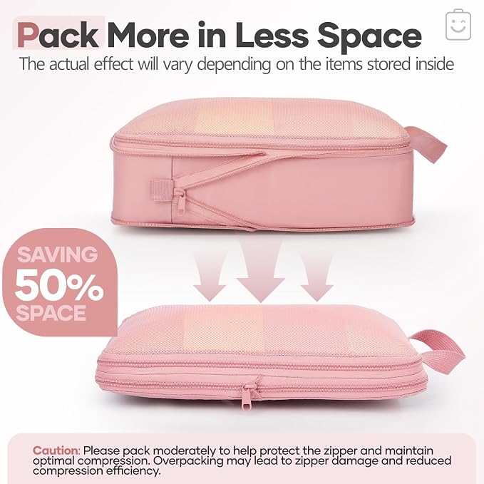 Veken 9/11 Set Compression Packing Cubes for Travel Essentials,Compressible Expandable Large Luggage Suitcase Organizer Bags for Clothing,Durable Space Saver Storage Bags with Toiletry Bags(Pink)