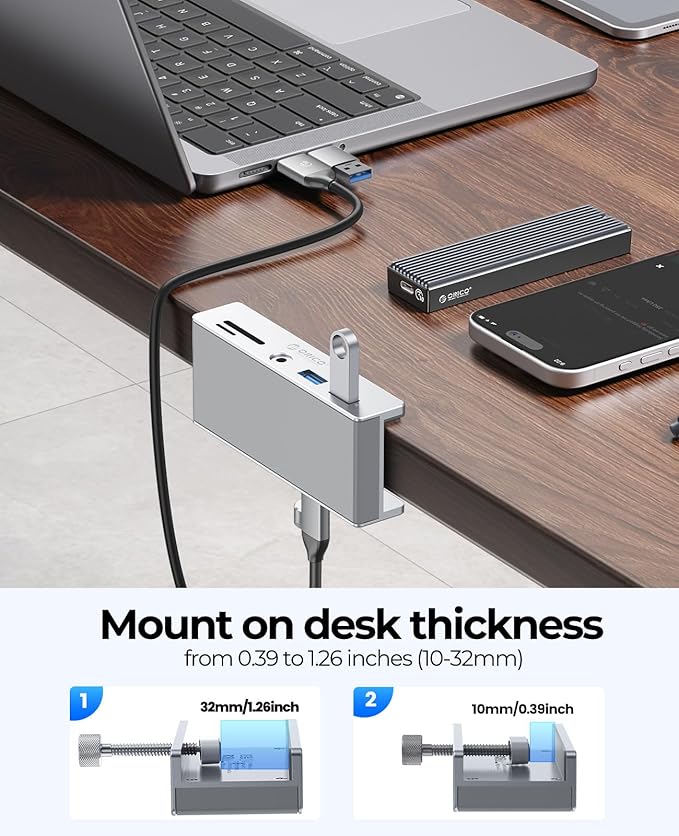 ORICO USB Hub 3.0, Clamp USB Hub with Extra Power Port, Aluminum USB C Adapter with 2 USB-A Data Ports,3.5mm AUX, SD/TF Card Reader for Desktop(Silver)