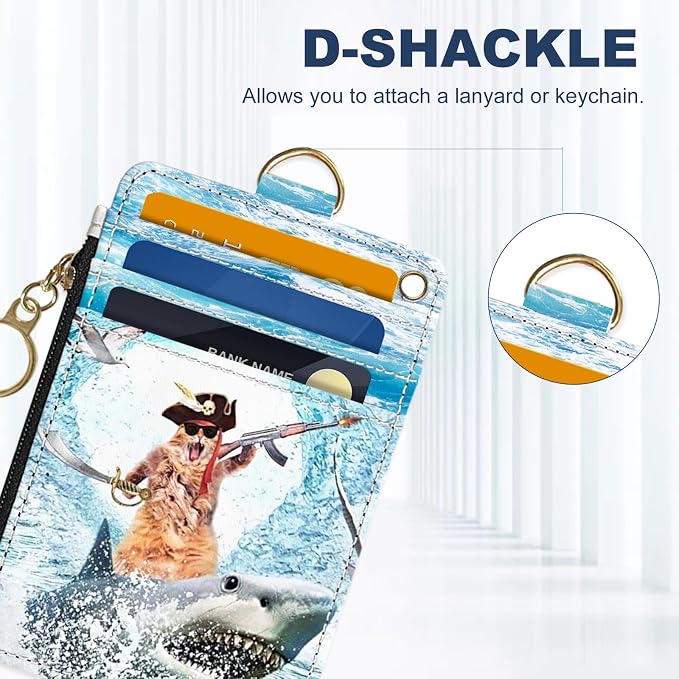 Slim Wallet Credit Card Holder, Sharks and Cats, RFID Wallet Women Cute Small Front Pocket Wallet With Zipper, PU Leather Thin travel RFID Blocking Card Case ID Window,Ladies Gifts