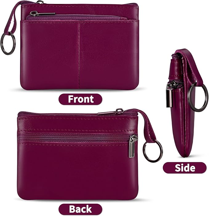 Purple Genuine Leather Multi-Functional Wallet - Compact Card Holder, Coin Purse & Key Organizer with 3 Zippers, Built-in Key Ring, Perfect for Travel, Work & Daily Use