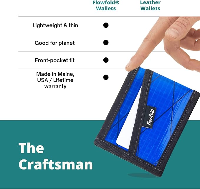 Flowfold Recycled Sailcloth Wallets - 3 Pocket Card Holder Wallet, Front Pocket Wallet, Slim Card Holder Wallet Made in USA (Blue Sailcloth)