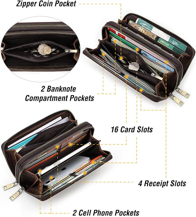 Top Grain Genuine Leather Clutch Bag Wallet with Wristlet for Man & Woman, Handmade Retro Design, 2 Zipper Pockets & Multiple Slots, RFID Large Capacity for Cards/Phone/Check/Money/Coin, Coffee