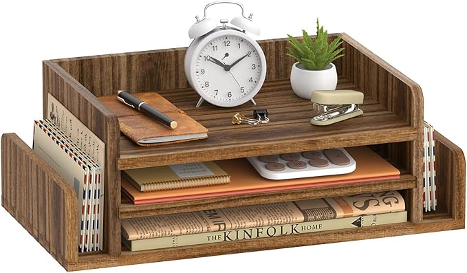 SUPEASY Wooden Desk Organizer, 3-Tier Letter Tray File Organizer with Dual Side Mail Sorter, Solid Wood Desktop Paper Organizer for Office, Home Office, Classroom（Dark Brown）