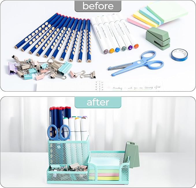 M&G Mesh Pen Holder Desk Organizers Pencil Holder for Desk Light Blue, 3 Compartments Metal Office Supply Organizer with Sticky Notes Holder for Home Office