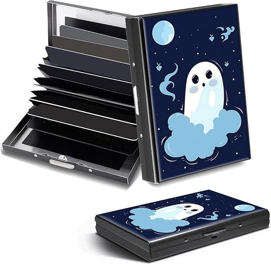 Credit Card Holder, Cute Small Spooky Halloween Design Mini RFID Blocking Aluminum Wallet Slim Metal Hard Case Shell Travel Wallet ID Case Small Credit Cards Case Business Cards for Women Men