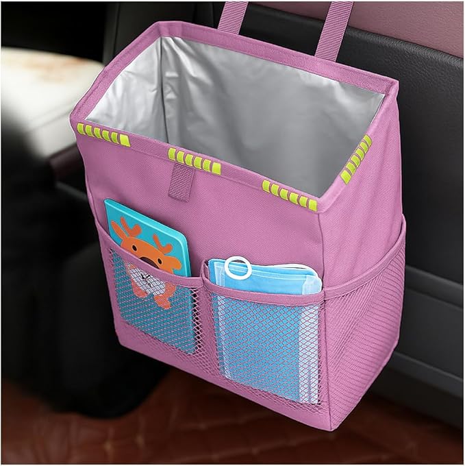 Car Trash Bag, Leak-Proof Large Capacity 3.4 Gallons Hanging Vehicle Trash Bin with Storage Pocket, Multipurpose Portable Auto Garbage Bag for Travel, Universal Fit (Pink)