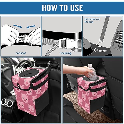 Car Trash Can Pink Piggy Pig Auto Garbage Bag Car Trash Can with Lid Leak-Proof Car Storage Bag Garbage Bag Hanging for Headrest Collapsible and Portable with Storage Mesh Pocket
