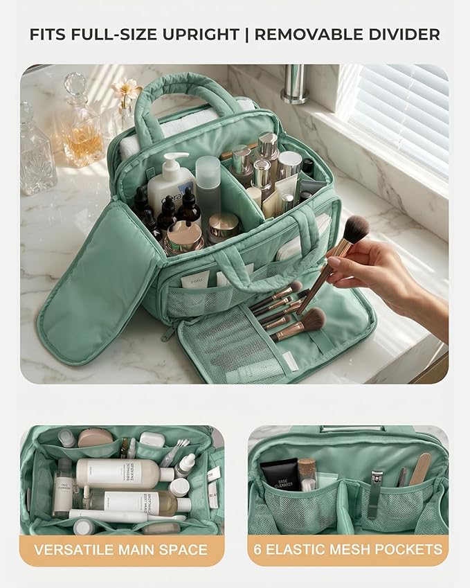 Lightweight Structured Travel Toiletry Bag for Women - Wide-Open Puffer Mini Duffel with Removable Divider, Waterproof Lining, Water-Resistant Exterior, Fits Full-Size Bottles & Shower Essentials