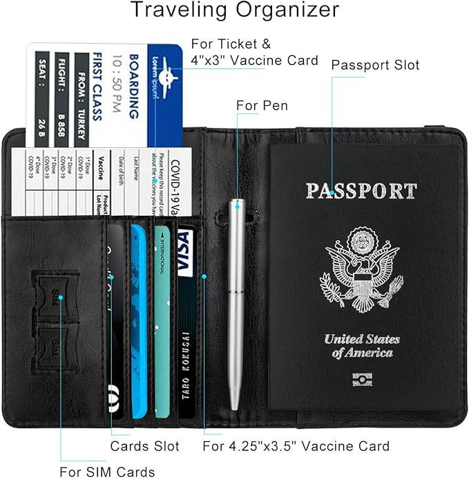 WALNEW Passport Holder for Travel, RFID Passport Cover Wallet for Women Men, PU Leather Passport Book Card Holder Case with Pen, Travelling Essentials for Flying