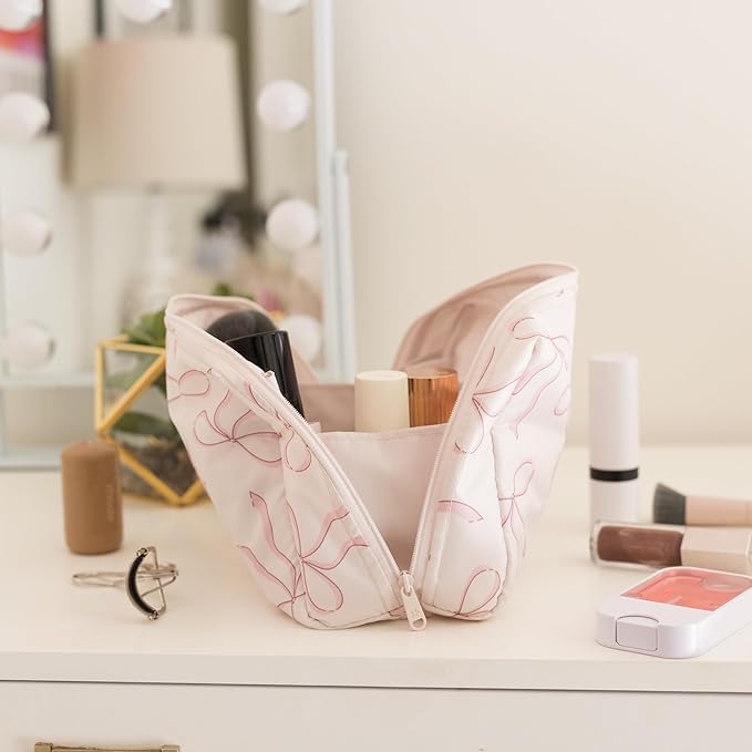 Tiny Twinkle Waterproof Travel Toiletry & Makeup Bag Organizer | Makeup Pouch with Multiple Compartments & Snap Handle for Travel | Gift for Teen Girls and Women (Bows)