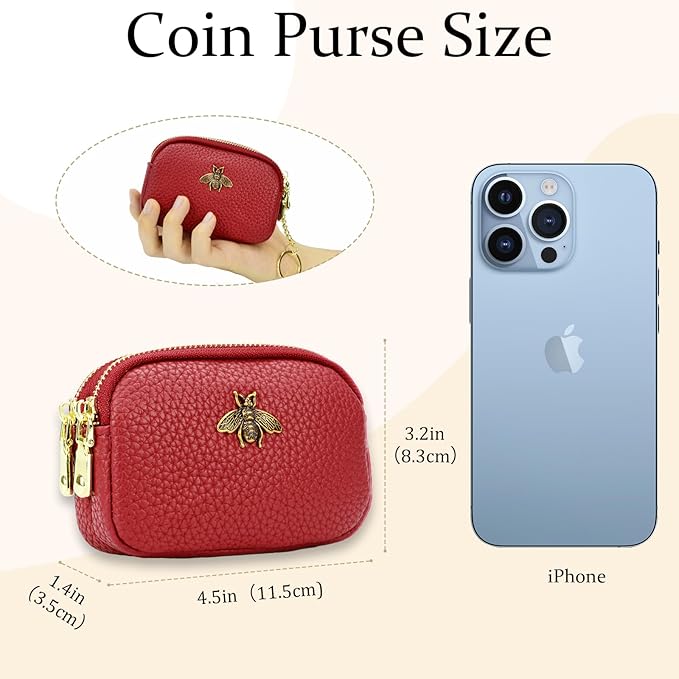 WOZEAH Leather Coin Purse for Women Small 2 Zipper Change Wallet with Key Ring Card Key Coin Cash Holder Pouch(Red)