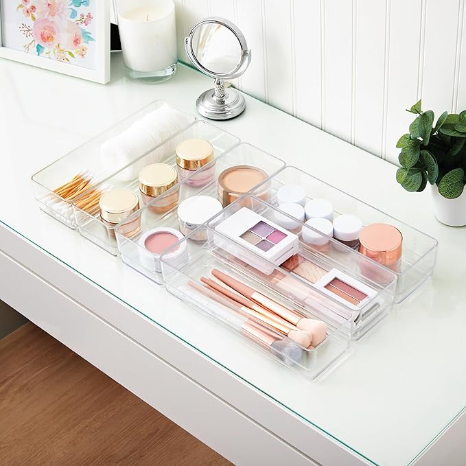 STORi SimpleSort 6-Piece Stackable Clear Drawer Organizer Set | 9" x 3" x 2" Rectangle Trays | Narrow Makeup Vanity Storage Bins and Office Desk Drawer Dividers | Made in USA