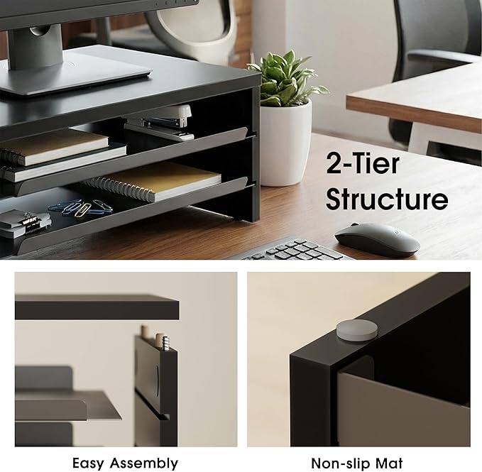 Fenge Monitor Stand, 3-Tier Monitor Riser with Slide-Out Tray, Wooden and Metal Desktop Organizer for Home Office, Computer, Laptop, Printer, Telephone