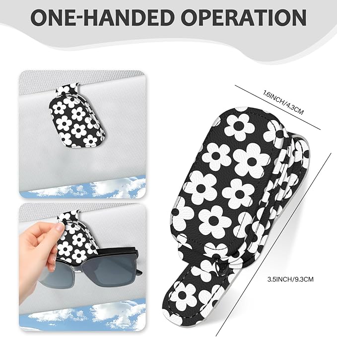 2 Pack Magnetic Leather Sunglass Holder, Universal Magnetic Car Eyeglass Hanger Clip for Different Size Eyeglasses, Car Visor Accessories (Black White Floral)