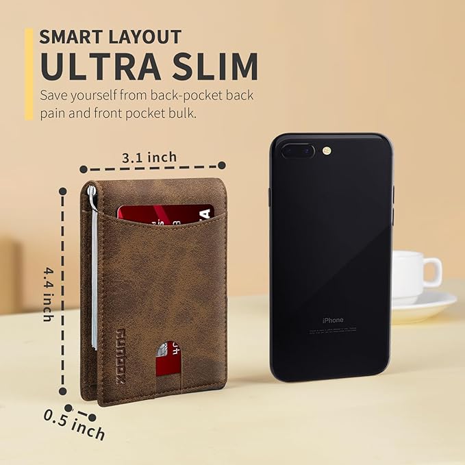 RUNBOX Slim Wallet for Men Genuine Leather RFID Blocking Bifold Minimalist Front Pocket Mens Wallet with Money Clip Thin Gift Box