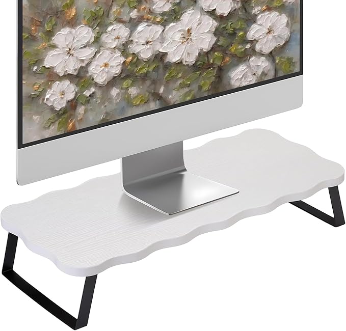 Monitor Stand Riser, Wooden Computer Stand for Desk, Wood and Steel Multi-Purpose Desktop Storage Laptop Riser Desk Shelf for Computer, Laptop, PC, Printer, 21.65 x 9.45 x 3.94 Inch Length (White/2 Pcs)