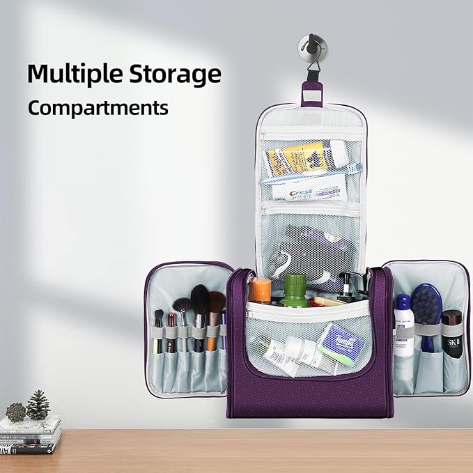 Buruis Extra Large Toiletry Bag for Women and Men, Hanging Travel Bag with Detachable Shoulder Strap for Full-Sized Toiletries, Water-Resistant Dopp Kit for Family Use and Long Trips, Purple