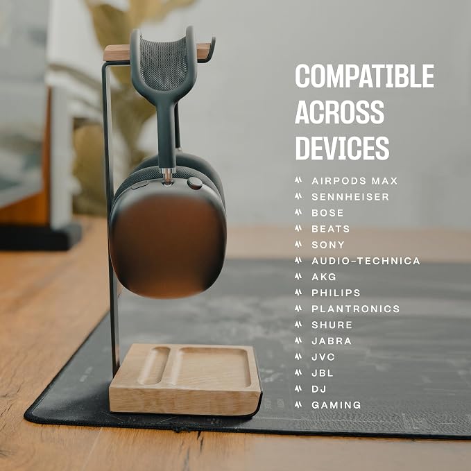 COREMINDED Universal Headphone Stand for Desk, Solid Wood Gaming Headset Stand, Heavy Duty Wooden Headphones Holder, Compatible with Airpods Max and More