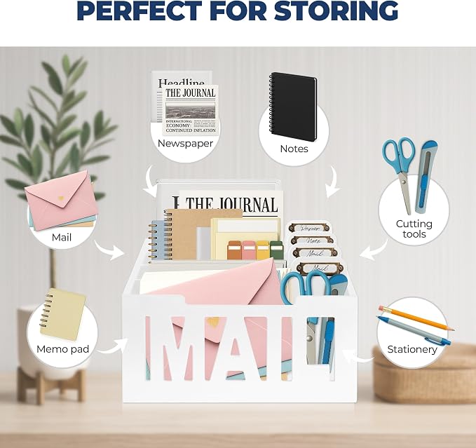 Mail Organizer Countertop – White Holder for Desk with 4 Slots & Label Tags, Decorative Desktop Sorter, Bill Storage and Envelope Tray for Organized Home Office Accessories (11x7x8 in)