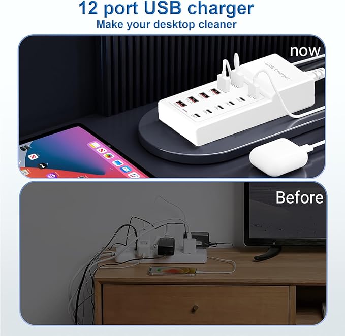 USB Charging Station, 12 Ports USB C Charger, 50W/10A MultiPort Charging Block[6 USBC+6 USBA], Compatible with iPhone 16/15/14/13/Samsung/Tablet/Watch/Headphones and Multiple Charger Plug