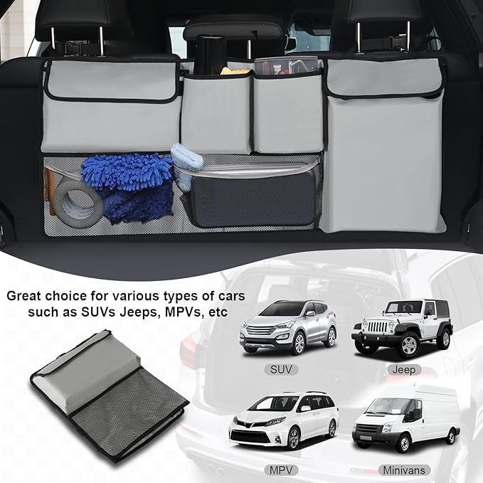 UYYE Trunk Hanging Organizer, Backseat Storage Bag, Collapsible Car Interior Accessories with 4 Pockets & 2 Mesh Pouches for Tools, Provide More Storage Trunk Space for SUV, Jeep, MPVs (Light Grey)