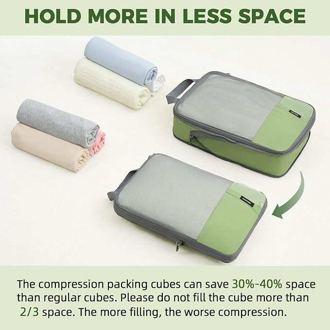 BAGAIL 6 Set Lightweight Compression Packing Cubes with Packing List, Anti-Tearing Expandable Organizer Bags for Travel, Matcha Green