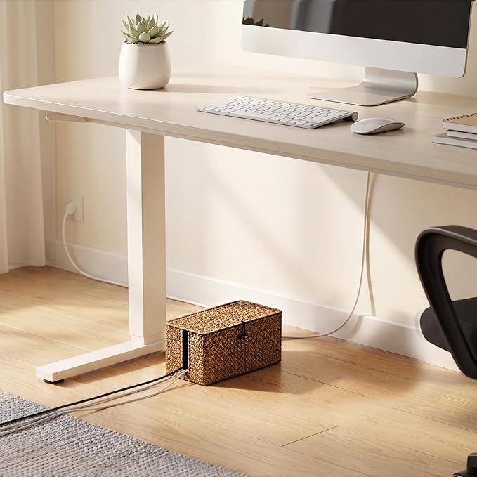 BTSKY Woven Cable Management Box with Lid, Seagrass Cord Organizer with 2 Open Slots for Power Strips & USB Hubs, Under Desk Cord Hider Box for Home Office, Pet Proofing Wire Basket, Small