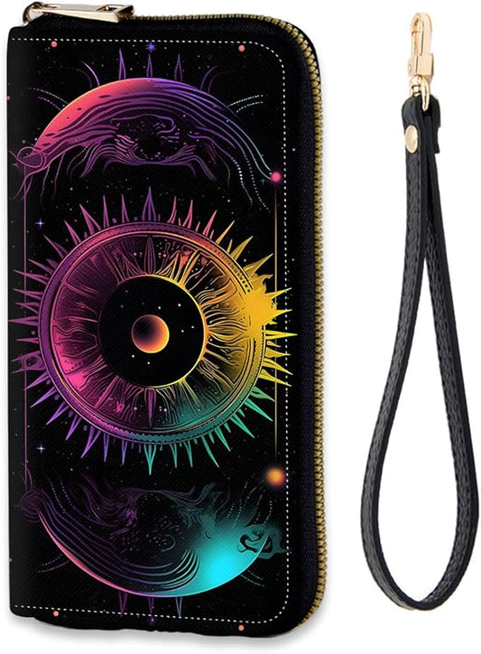 Women's RFID Blocking Zip Around Wallet with Detachable Wrist Strap, Large Capacity Credit Card Holder Organizer for Everyday Use,Moon and Sun Cute Pattern