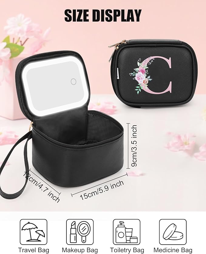 Relavel Initial Makeup Bag with Led Mirror for Women Girls, Mini Personalized Cosmetic Bag with Adjustable Brightness, Rechargeable Pink Make Up Pouch for Birthday Gift - Black C