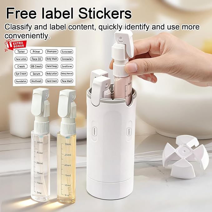 4 in 1 Travel Dispenser Bottles Refillable,Travel Shampoo and Conditioner Bottles，No Spill Space Saving Compact,for Vacation Business Trip(White