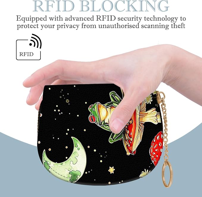 Women's Slim RFID Wallet – Compact Leather Card Holder Wallet for Women, 9 Card Slots RFID Blocking Credit Card Organizer, Small Travel Wallet - Aesthetic Mushroom Frog