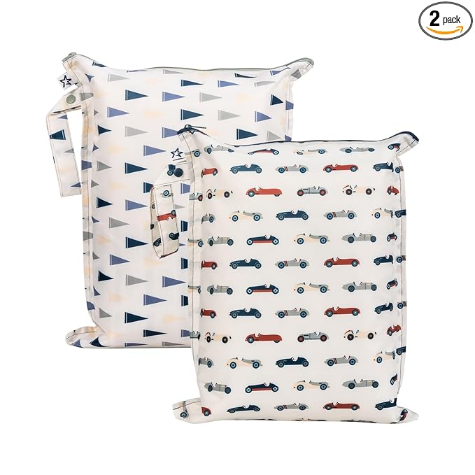 Tiny Twinkle Mess Proof Wet Bags | 2-Pack Reusable Waterproof Wet Bags for Swimsuits | Baby Clothes | Travel & Diaper Bag (Vintage Cars,Varsity Flags)