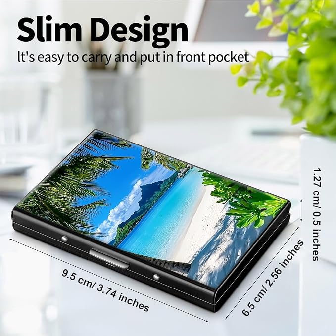Metal Wallet for Women Men Girls, RFID Blocking Slim Aluminum Credit Card Holder, Mini Travel Wallet with Hard Shell, Lightweight ID & Business Card Case,Shore Palms Tropical Beach