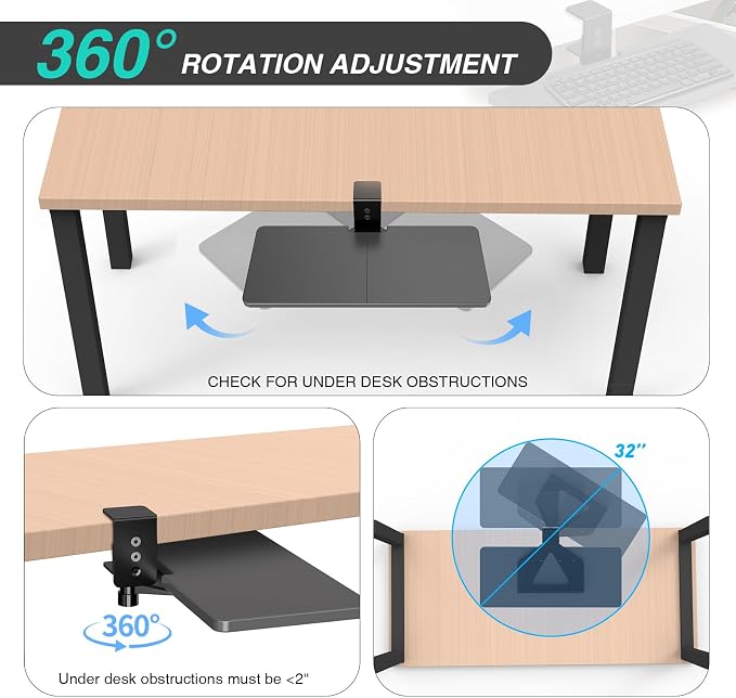 Large Under Desk Rotatable Computer Keyboard and Mouse Tray, Extra Sturdy Desk Swivel Clamp, Ergonomic Keyboard & Mouse Tray for Typing in Home, Office Work, 23 x 10 Inch