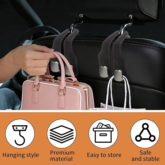 2 Pack Car Seat Headrest Hooks for Purses and Bags, Car Purse Holder With Double Metal Hooks, Headrest Back Seat Handbags Hook, Universal Car Purse Hanger, Cute Car Hanging Accessories, Black